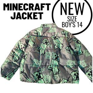 NEW Minecraft Boys Creeper Zip Puffer Jacket Lightweight Size 14 Zippered Size: